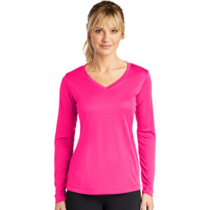 Sport Tek Ladies Long Sleeve V-Neck Competitor Tee-Neon Pink (LST353LS)