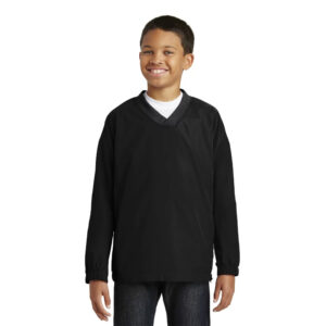 Sport-Tek YOUTH V-Neck Raglan Wind Shirt-Black (YST72)